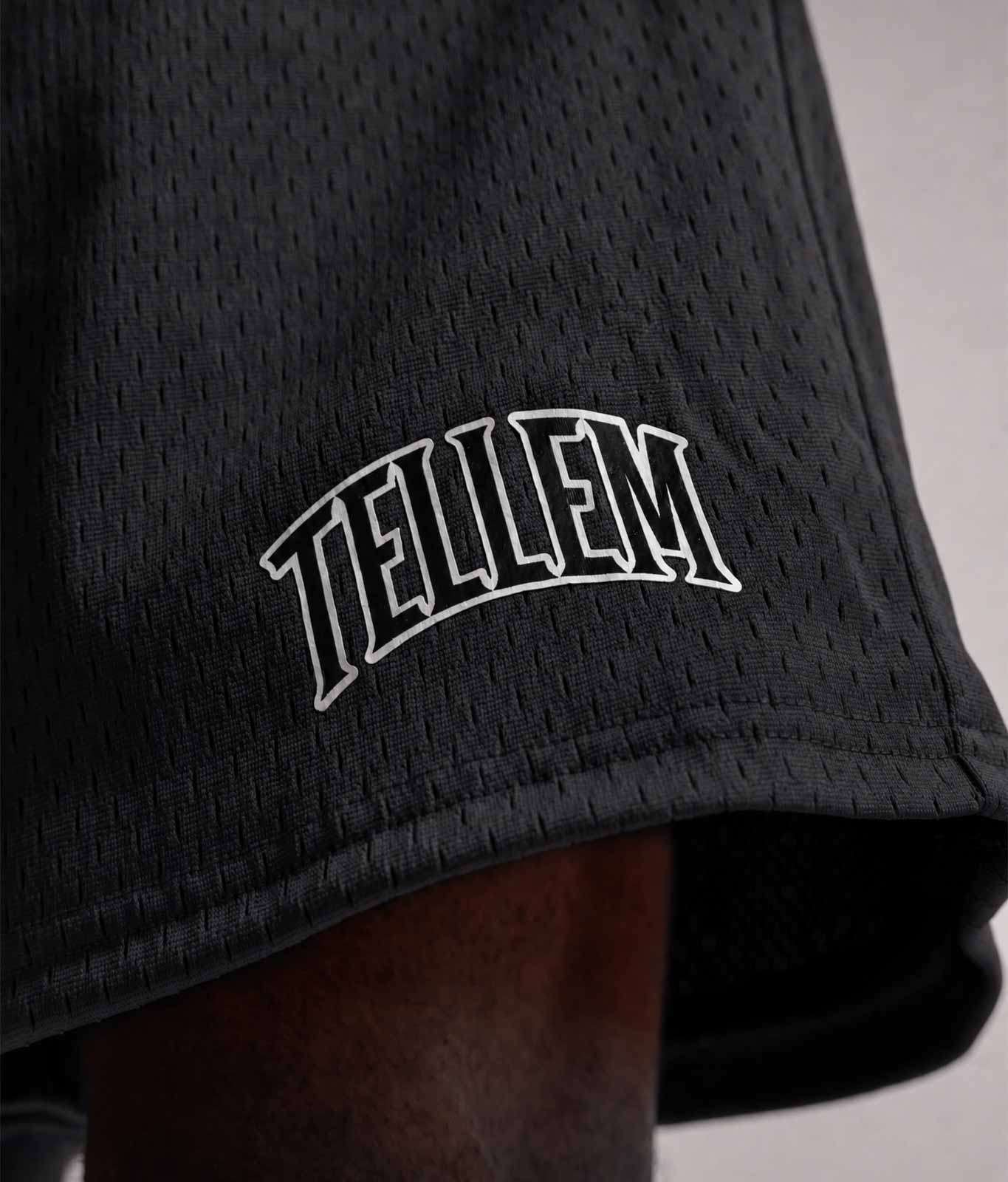 Nahaufnahme TELLEM Logo-Print an der Mesh Shorts Move in Schwarz