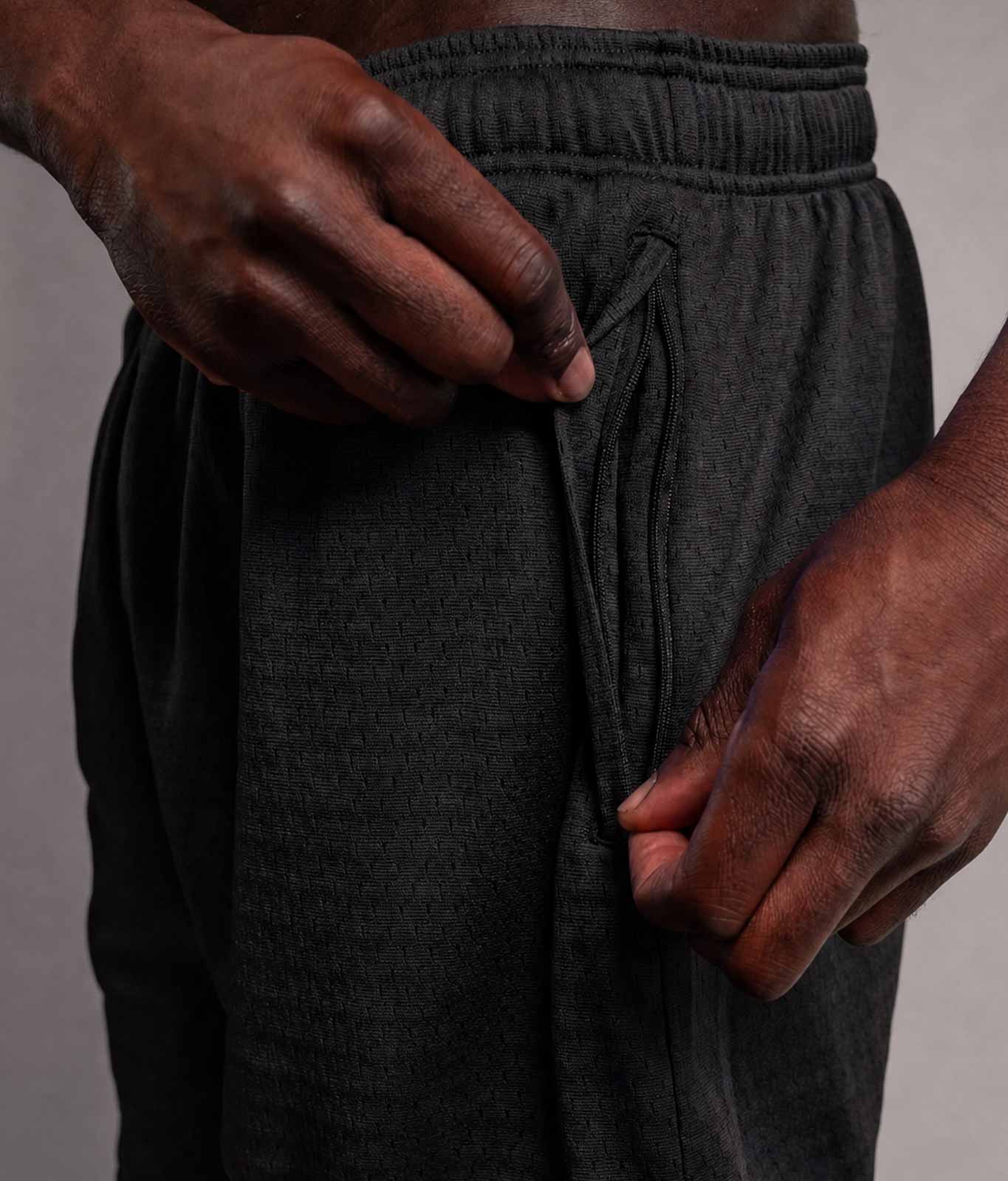 TELLEM Mesh Shorts Move Schwarz, Detailansicht Seitentasche mit hochwertigem Reißverschluss 